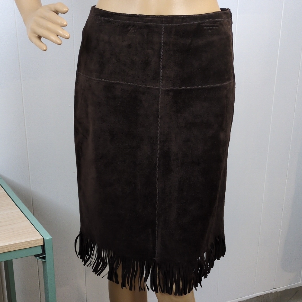 Leather Brown Fringe Skirt with Hidden Side Zipper Size 3/4